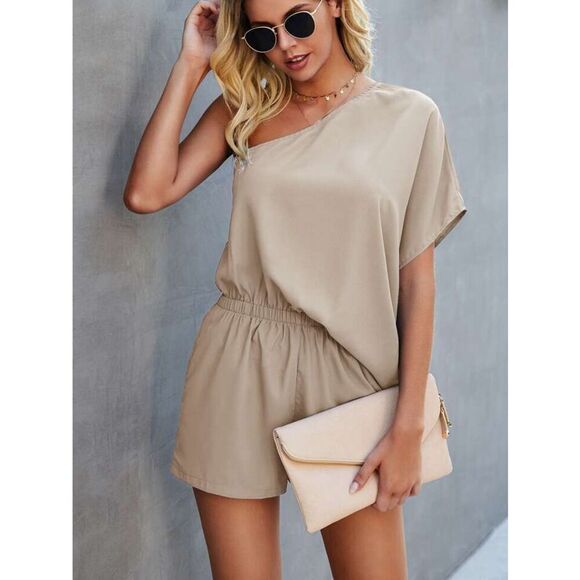 Elings Beige One Shoulder Romper XL – Asymmetrical Batwing Sleeve, NWOT - Picture 1 of 17